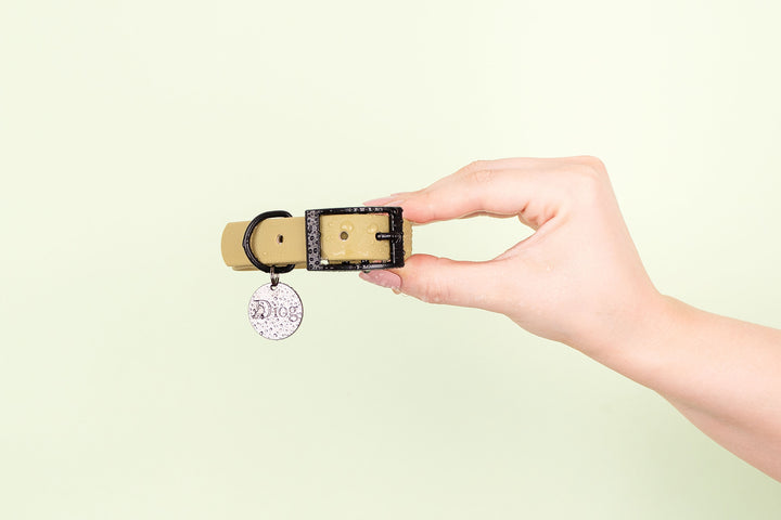 A close-up photo of a tan waterproof dog collar with a black buckle.