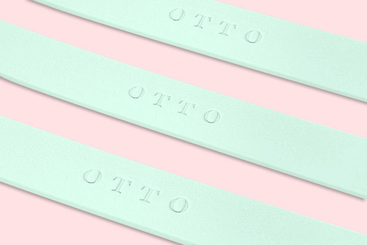 Close-up of three light green waterproof collars. The collars have the names embossed on them.