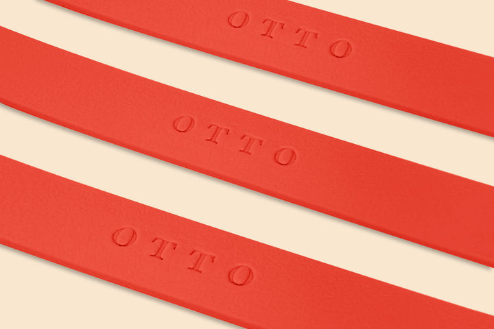 Close-up of three red waterproof collars. The collars have the names embossed on them.