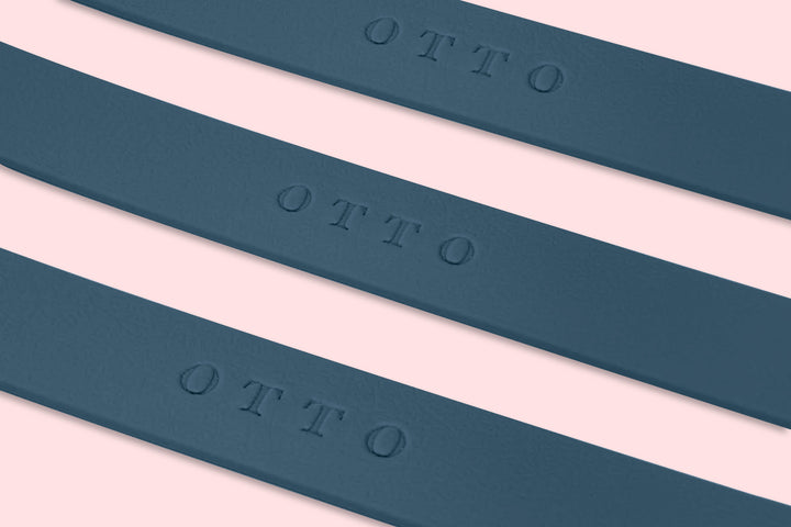 Close-up of three dark blue waterproof collars. The collars have the names embossed on them.