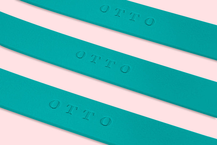 Close-up of three green waterproof collars. The collars have the names embossed on them.