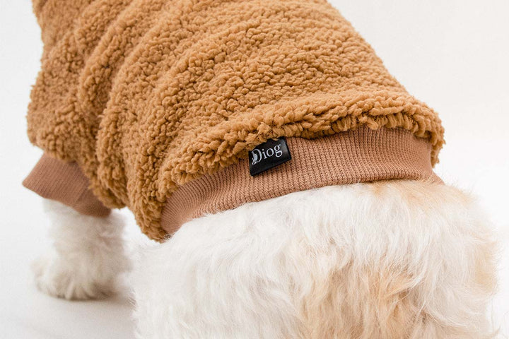 Brown Teddy Sherpa Hoodie for dogs, providing warmth and style.