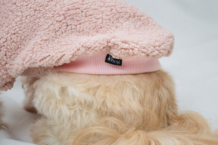 Pink Teddy Sherpa Hoodie for dogs, providing warmth and style.
