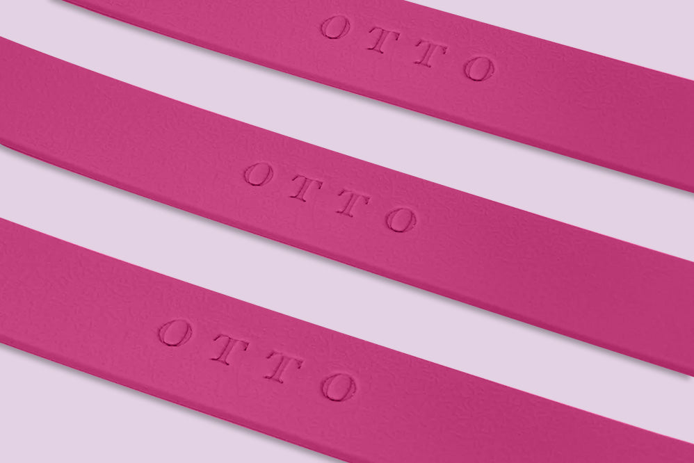 Close-up of pink waterproof collars. The collars have the names embossed on them.