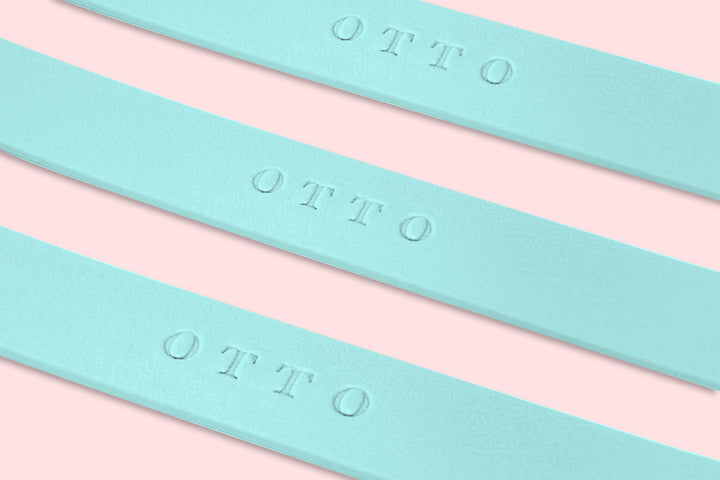 Close-up of three light blue waterproof collars. The collars have the names embossed on them.