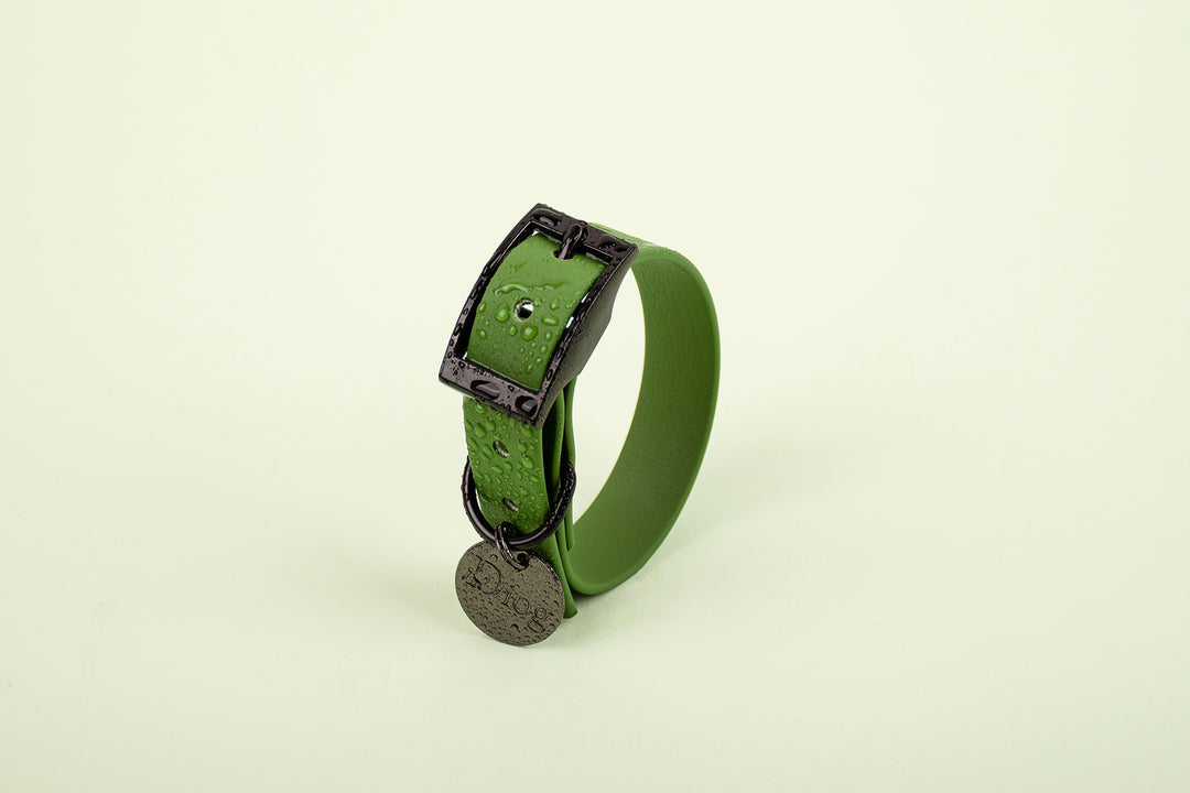 An olive green waterproof dog collar with a black buckle.