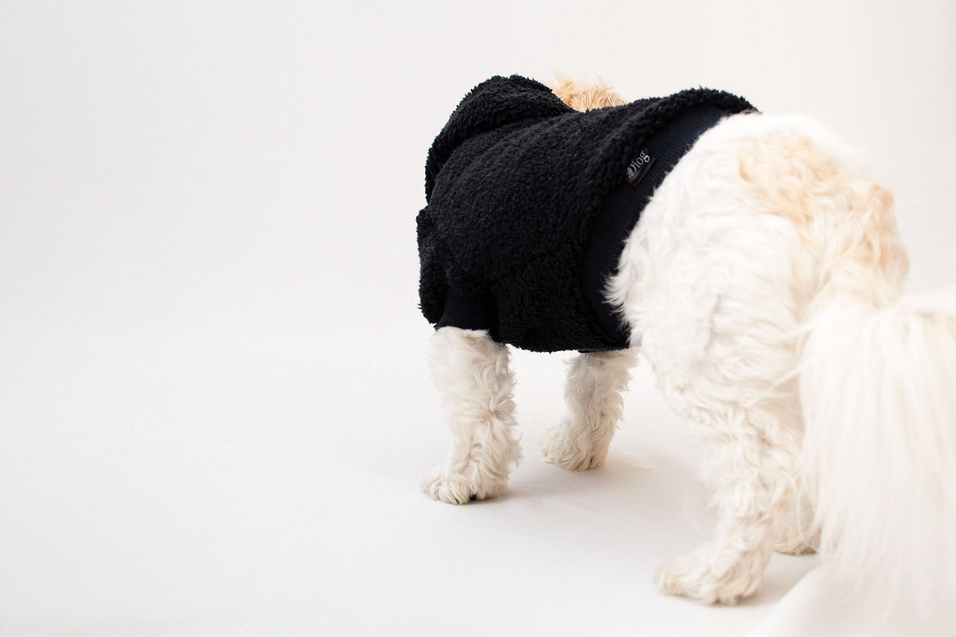Black Teddy Sherpa Hoodie for dogs, providing warmth and style.