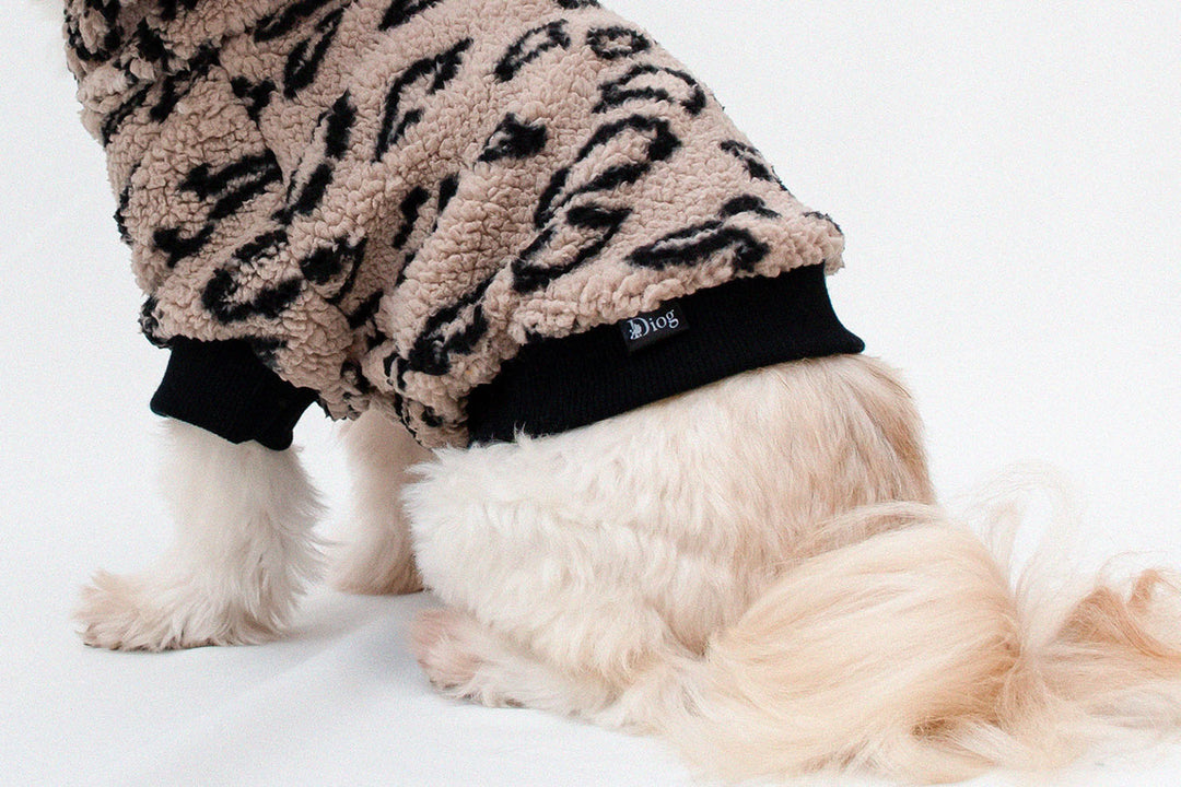 Teddy Sherpa Hoodie in panther pattern for dogs, providing warmth and style.